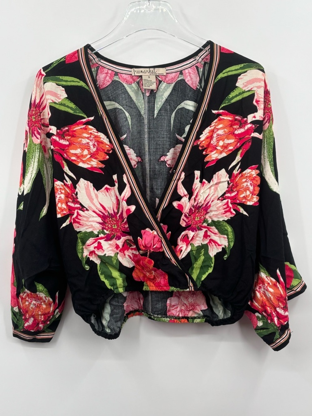 2PC Free Market Women’s Size S Floral Wrap Crop Top & Pants Black Pink Boho - Picture 3 of 9